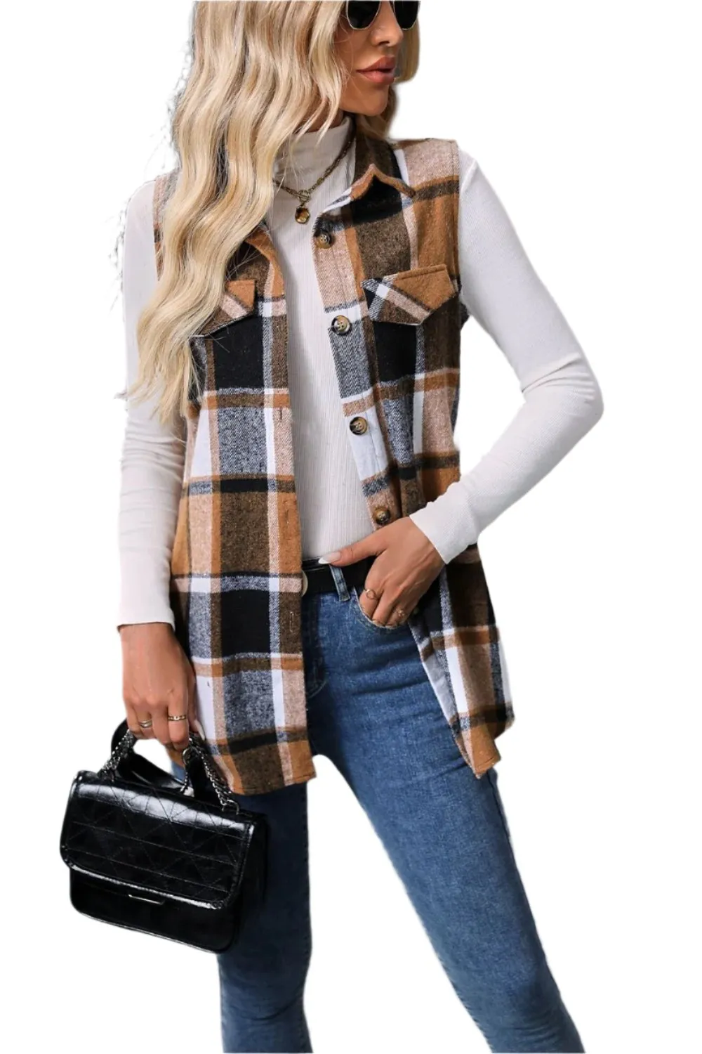 Women Plaid Button Up Vest Coat,Long Cardigan,Warm Vest