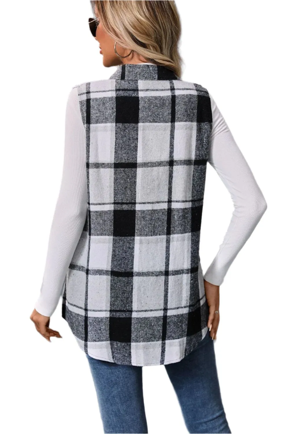 Women Plaid Button Up Vest Coat,Long Cardigan,Warm Vest