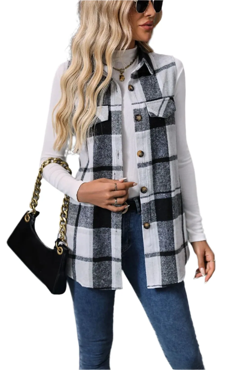 Women Plaid Button Up Vest Coat,Long Cardigan,Warm Vest