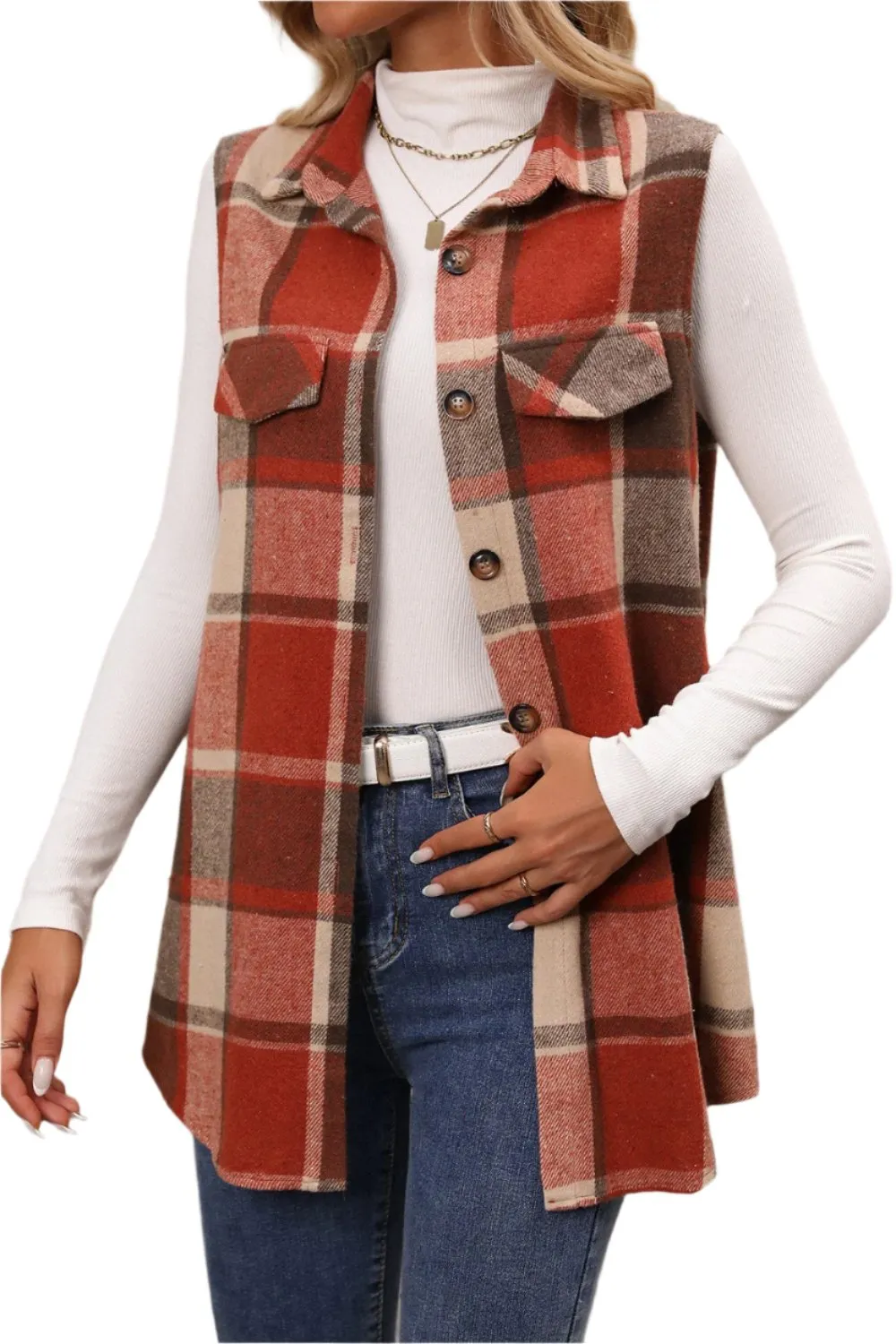 Women Plaid Button Up Vest Coat,Long Cardigan,Warm Vest