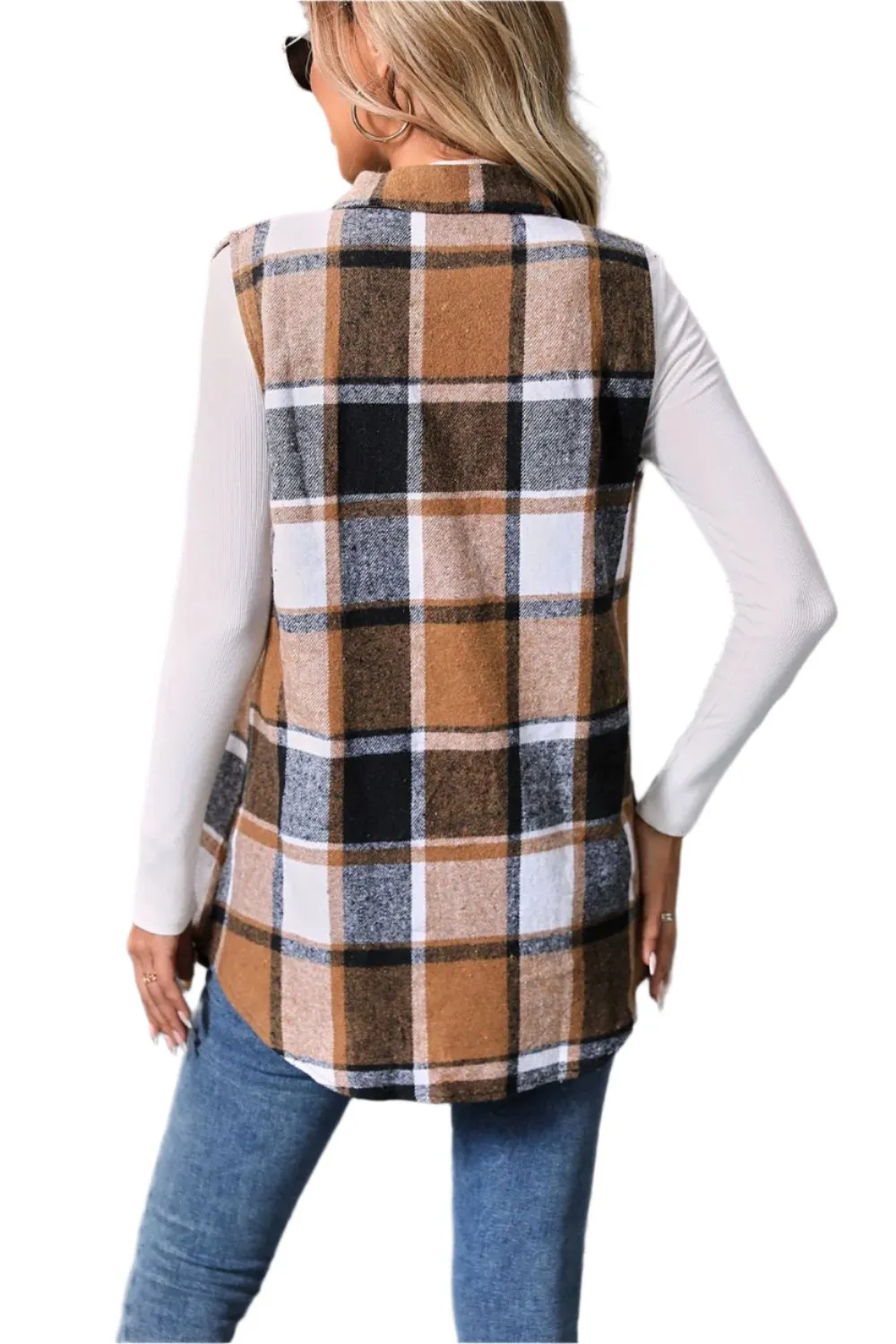 Women Plaid Button Up Vest Coat,Long Cardigan,Warm Vest