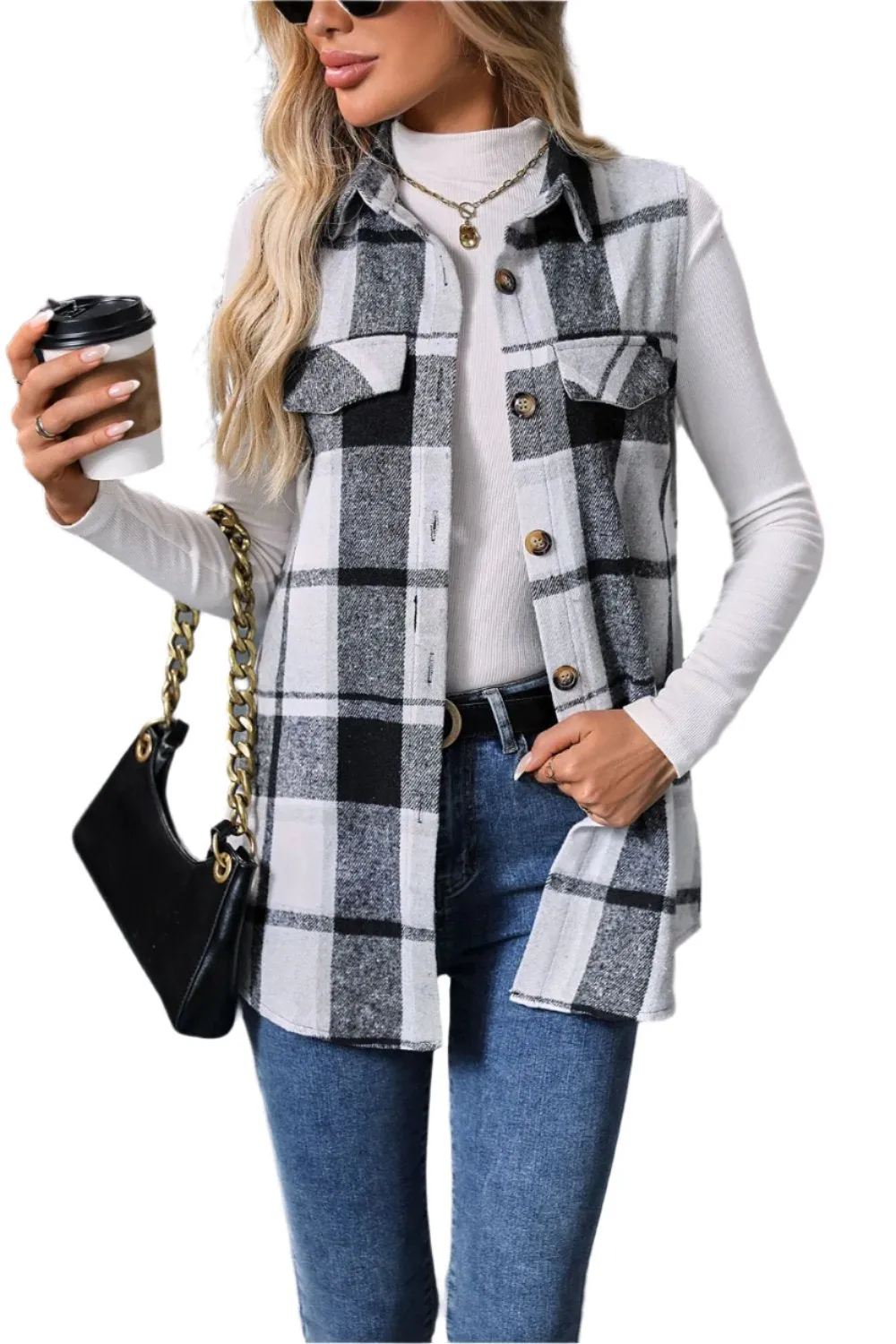 Women Plaid Button Up Vest Coat,Long Cardigan,Warm Vest