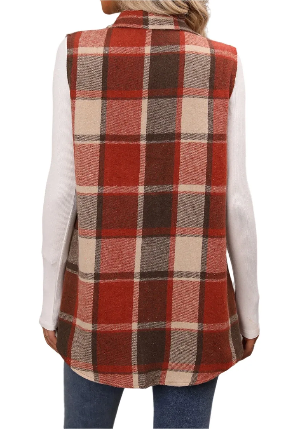 Women Plaid Button Up Vest Coat,Long Cardigan,Warm Vest