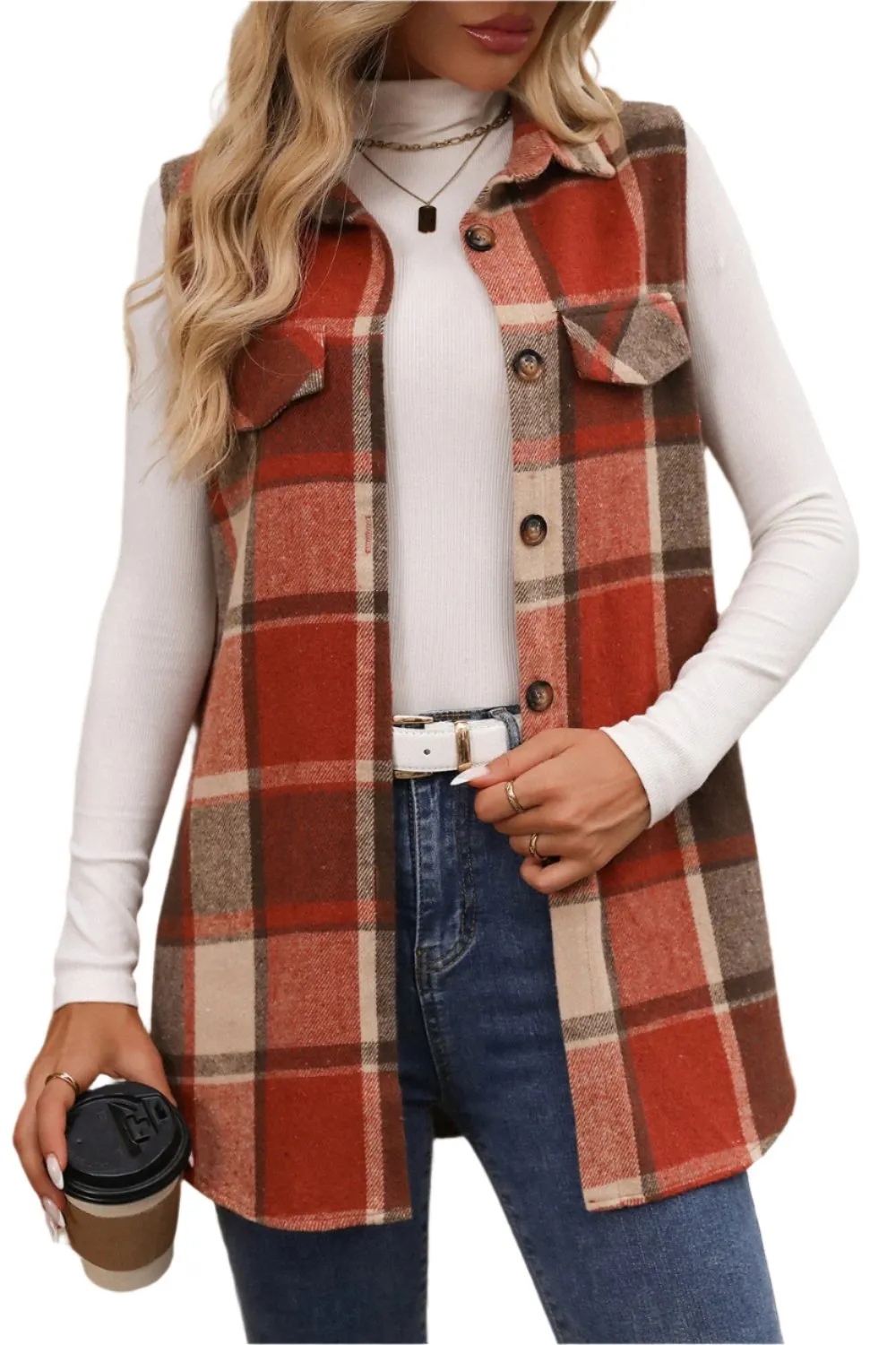 Women Plaid Button Up Vest Coat,Long Cardigan,Warm Vest