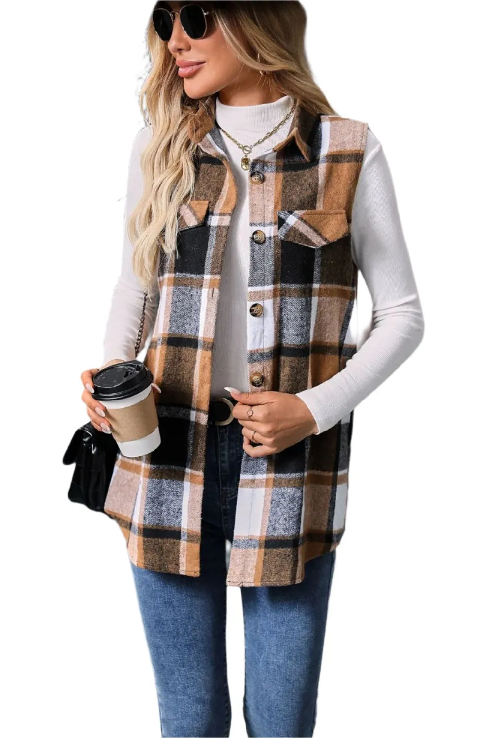 Women Plaid Button Up Vest Coat,Long Cardigan,Warm Vest