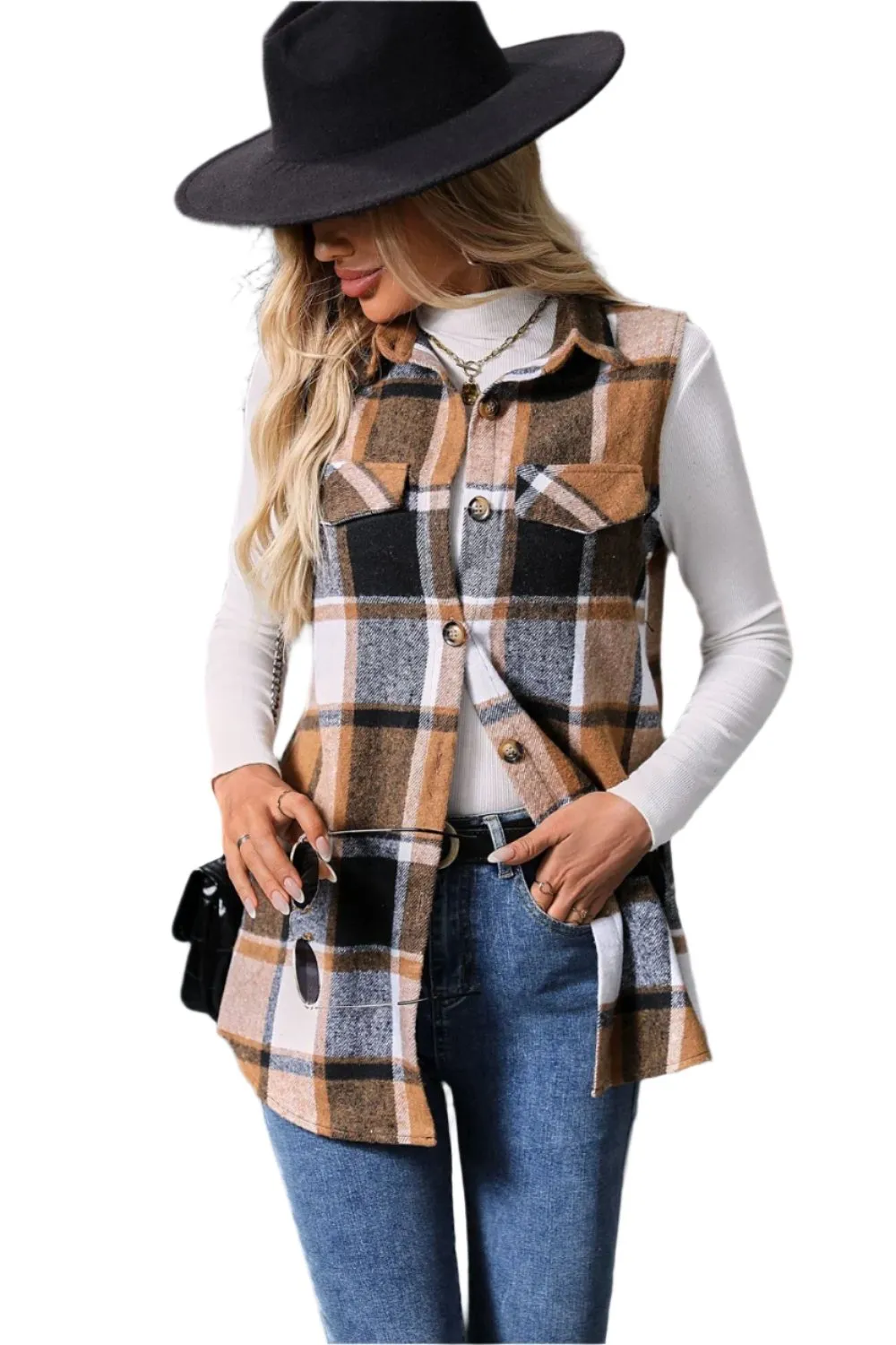 Women Plaid Button Up Vest Coat,Long Cardigan,Warm Vest