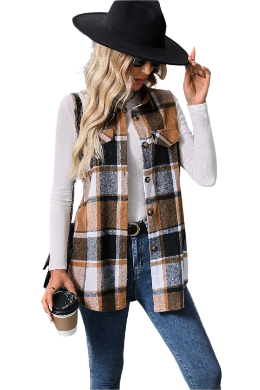 Women Plaid Button Up Vest Coat,Long Cardigan,Warm Vest