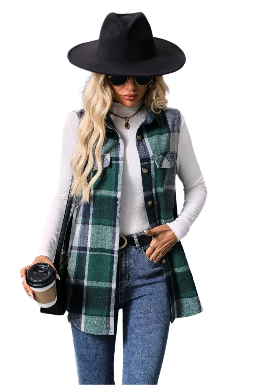 Women Plaid Button Up Vest Coat,Long Cardigan,Warm Vest