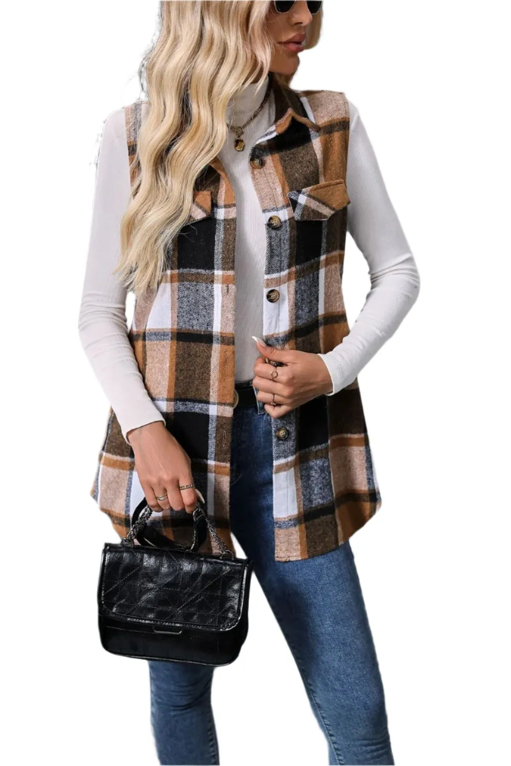 Women Plaid Button Up Vest Coat,Long Cardigan,Warm Vest