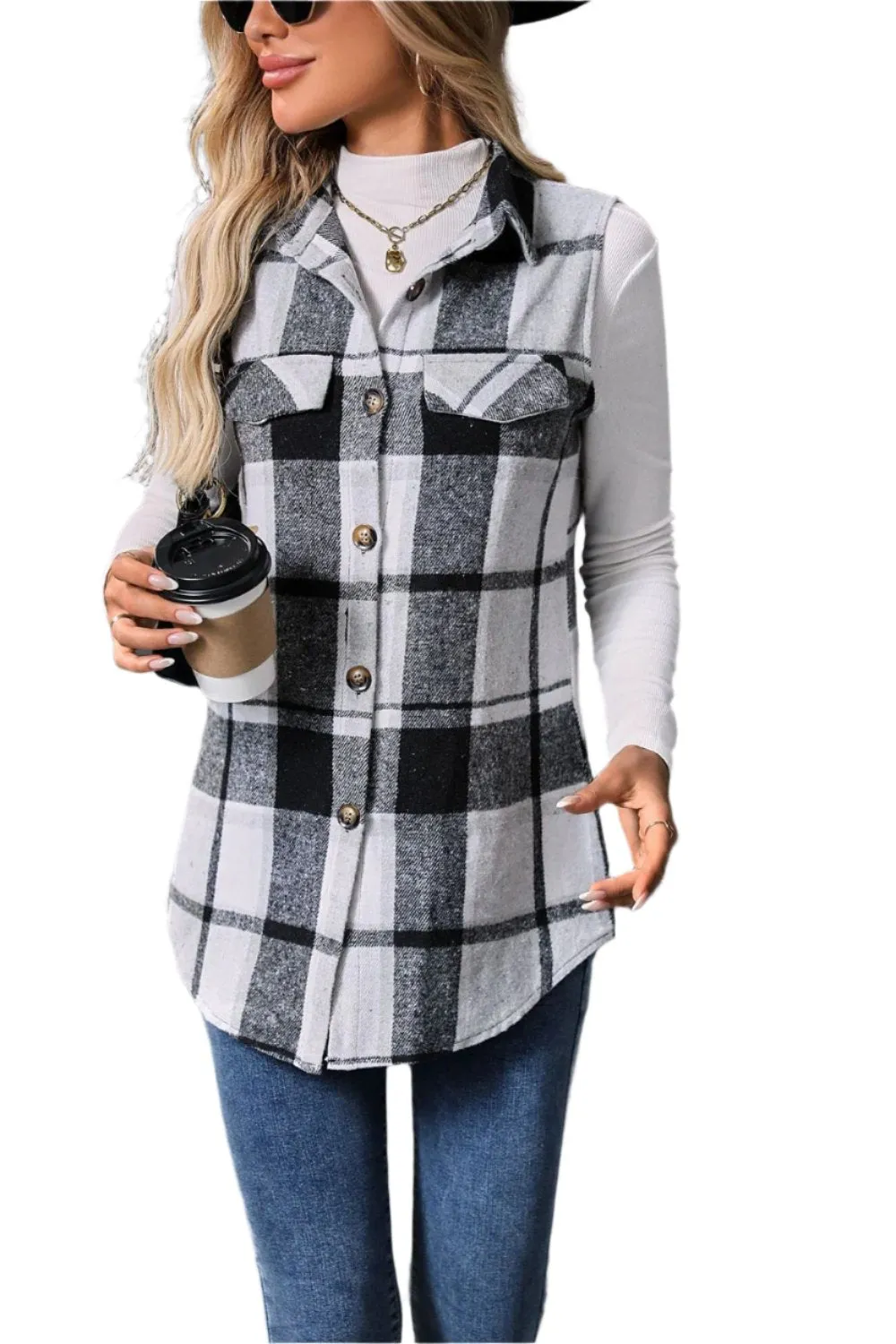 Women Plaid Button Up Vest Coat,Long Cardigan,Warm Vest