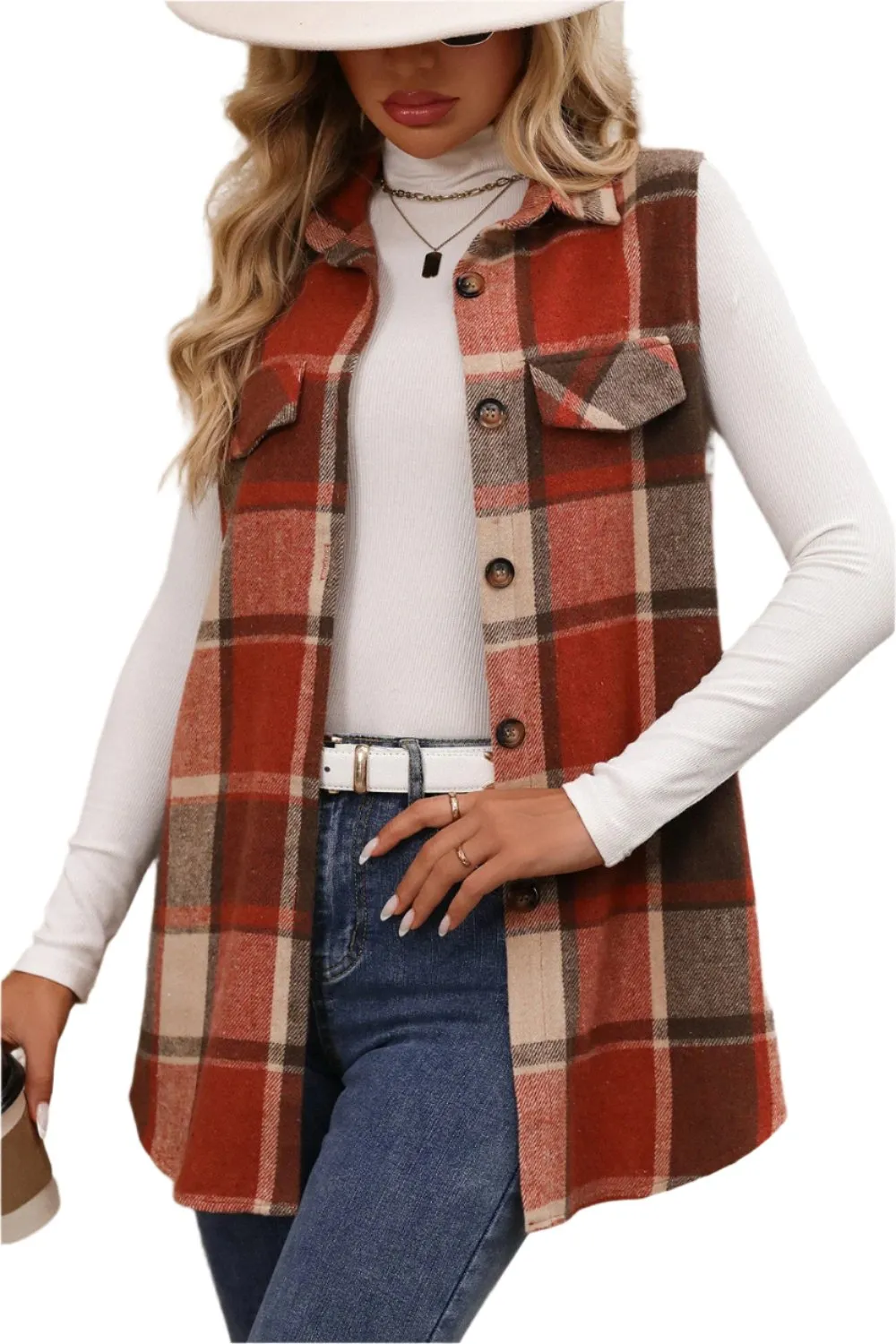 Women Plaid Button Up Vest Coat,Long Cardigan,Warm Vest