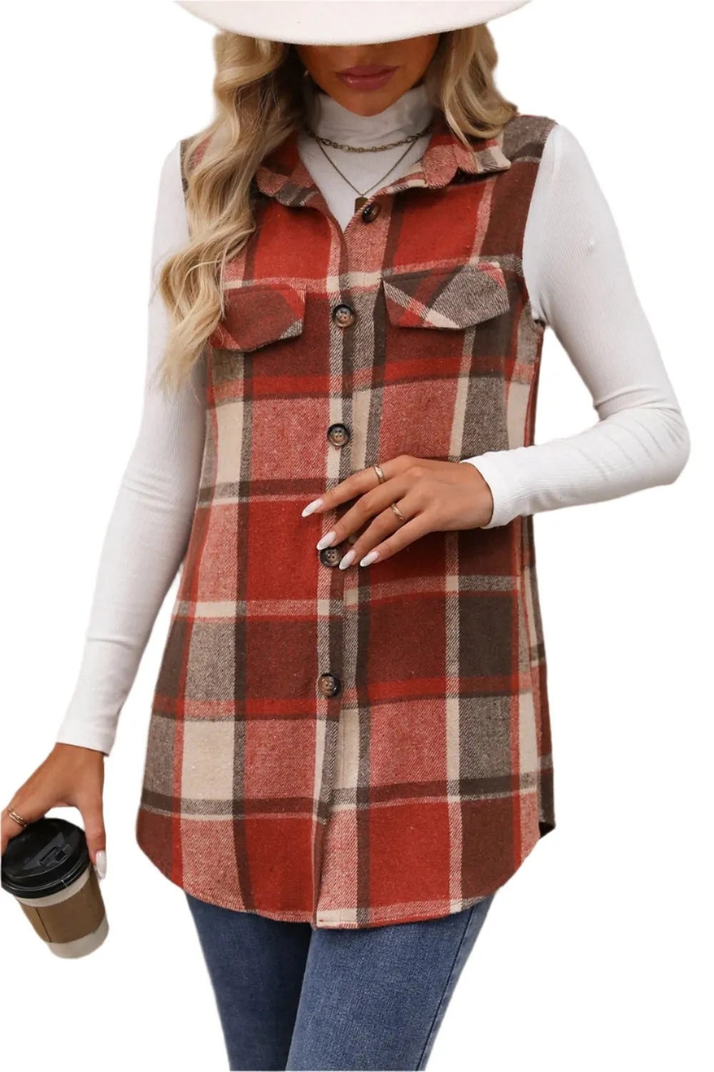 Women Plaid Button Up Vest Coat,Long Cardigan,Warm Vest