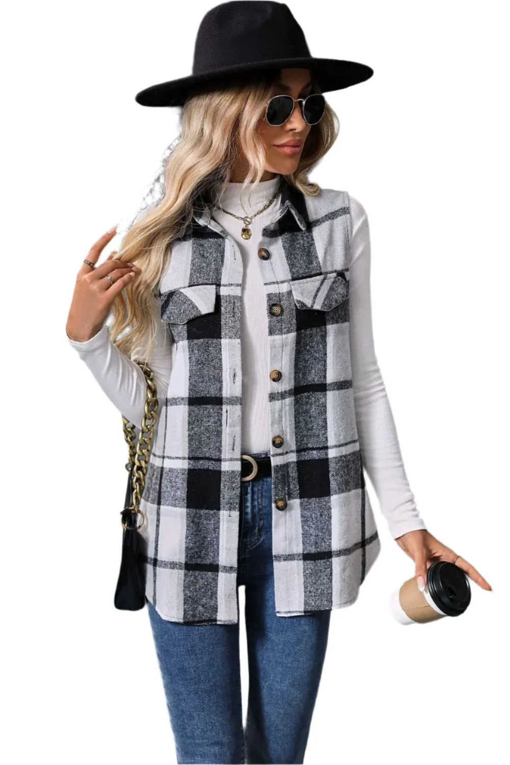 Women Plaid Button Up Vest Coat,Long Cardigan,Warm Vest