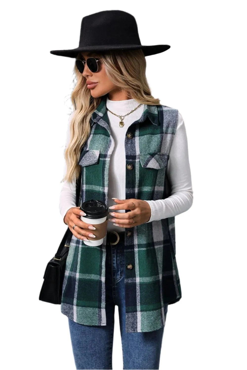 Women Plaid Button Up Vest Coat,Long Cardigan,Warm Vest