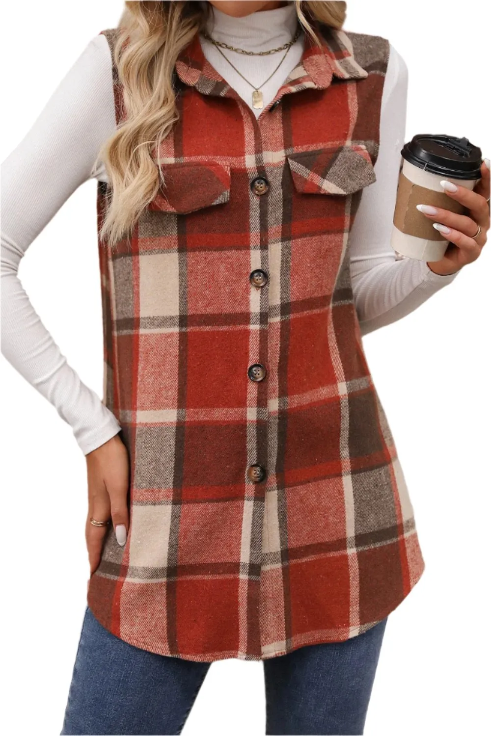 Women Plaid Button Up Vest Coat,Long Cardigan,Warm Vest