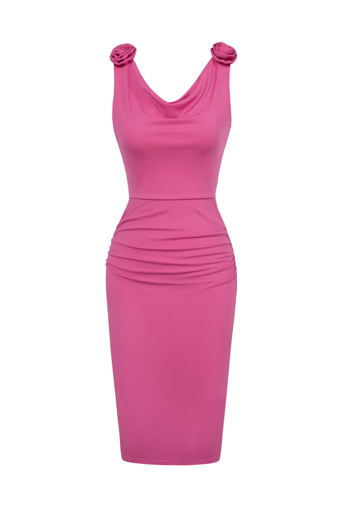 Women Ruched Bodycon Dress Casual Sleeveless Cowl Neck Back Slit Dress