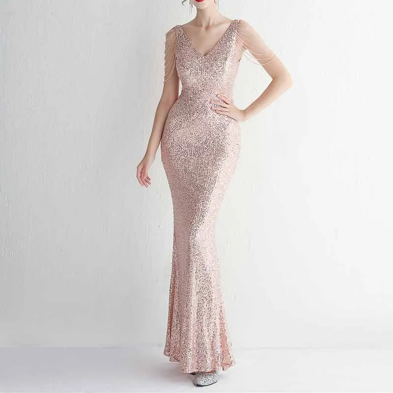 Women Sequin Bridesmaid Dress Sleeveless Maxi Evening Prom Dresses