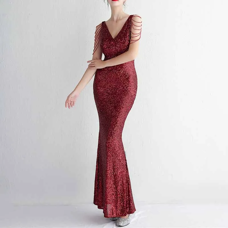 Women Sequin Bridesmaid Dress Sleeveless Maxi Evening Prom Dresses