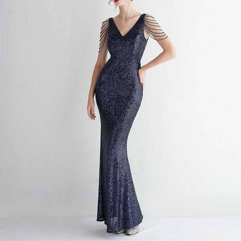 Women Sequin Bridesmaid Dress Sleeveless Maxi Evening Prom Dresses