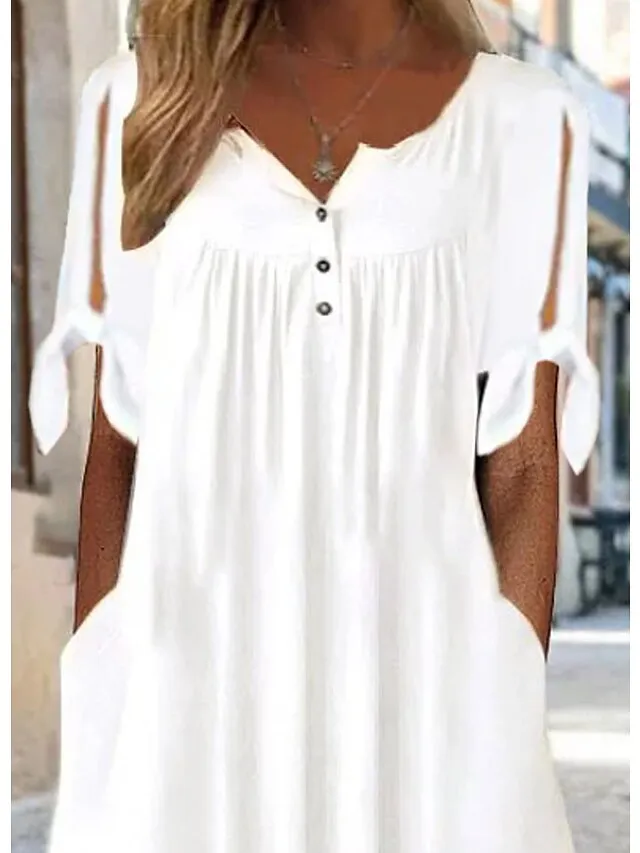 Women's Casual Dress Shift Dress White Dress Midi Dress White Short Sleeve Pure Color Button Summer Spring V Neck Basic Vacation Loose Fit 2023 S M L XL XXL 3XL