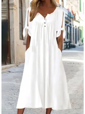 Women's Casual Dress Shift Dress White Dress Midi Dress White Short Sleeve Pure Color Button Summer Spring V Neck Basic Vacation Loose Fit 2023 S M L XL XXL 3XL