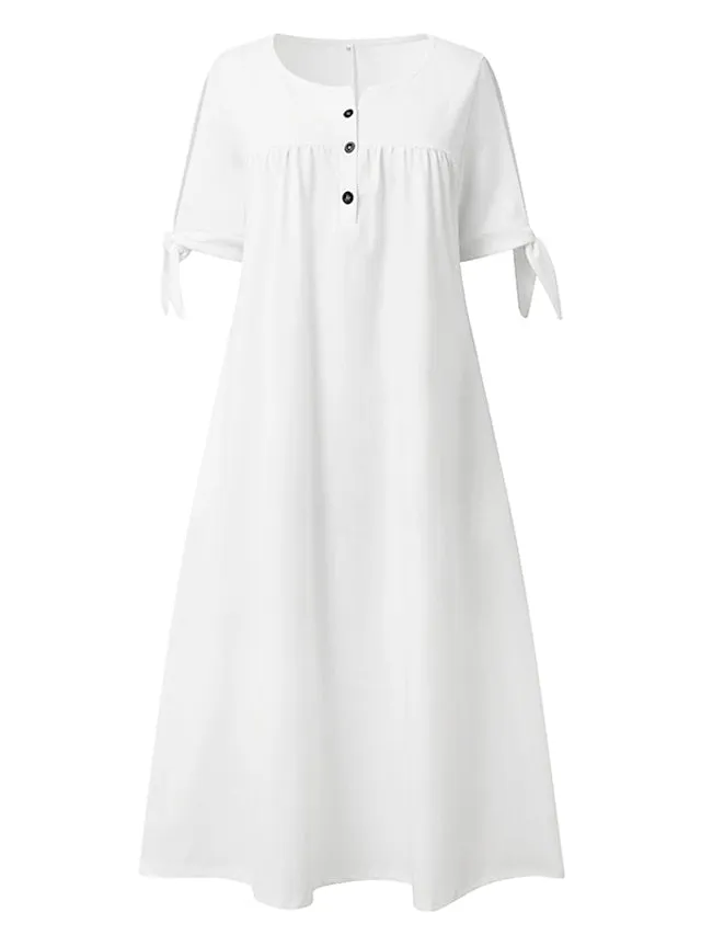 Women's Casual Dress Shift Dress White Dress Midi Dress White Short Sleeve Pure Color Button Summer Spring V Neck Basic Vacation Loose Fit 2023 S M L XL XXL 3XL