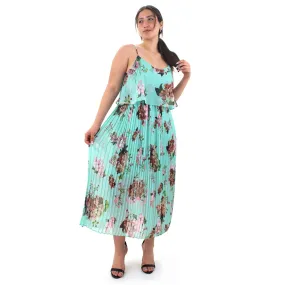 Women's Floral Pleated Midi Dress,Aqua