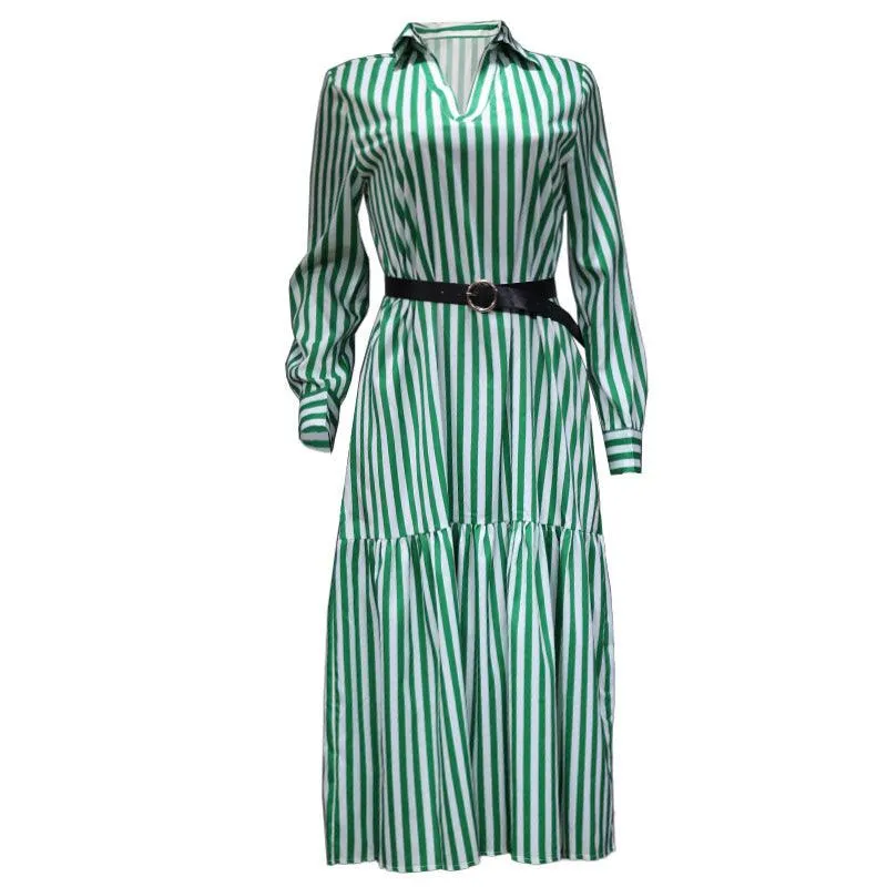 Women's Long-sleeved V-neck Midi Striped Dress