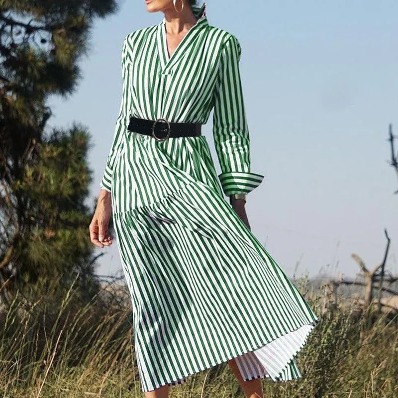 Women's Long-sleeved V-neck Midi Striped Dress