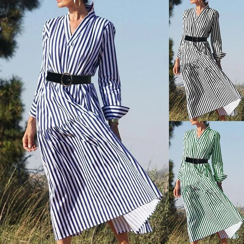 Women's Long-sleeved V-neck Midi Striped Dress