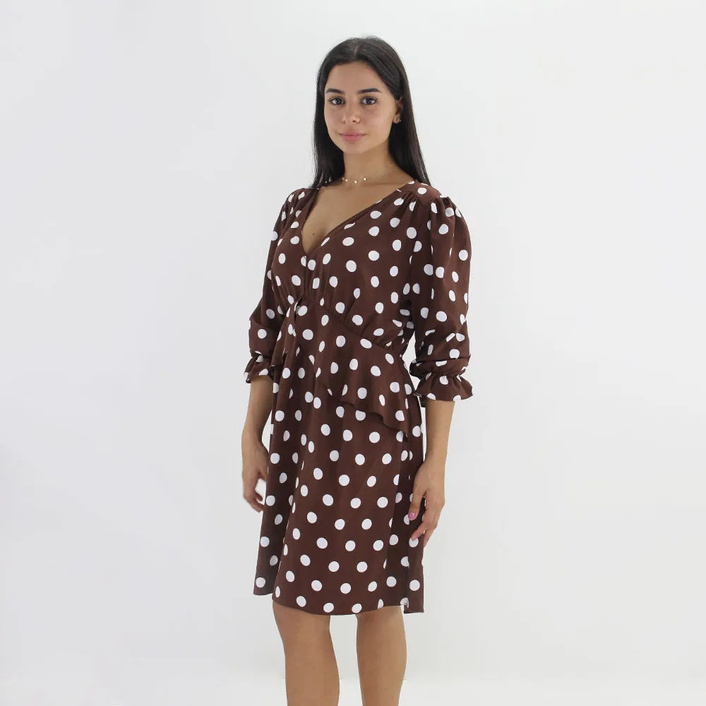 Women's Polka Dots Short Dress,Brown