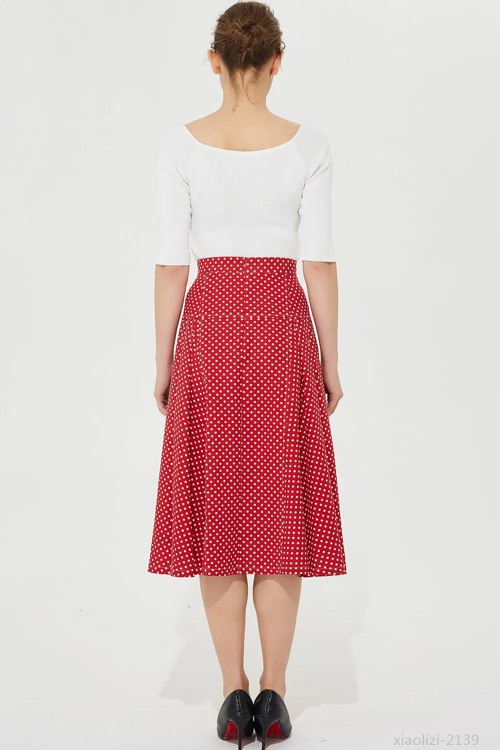 womens red polka dot skirt, summer linen skirt 2139