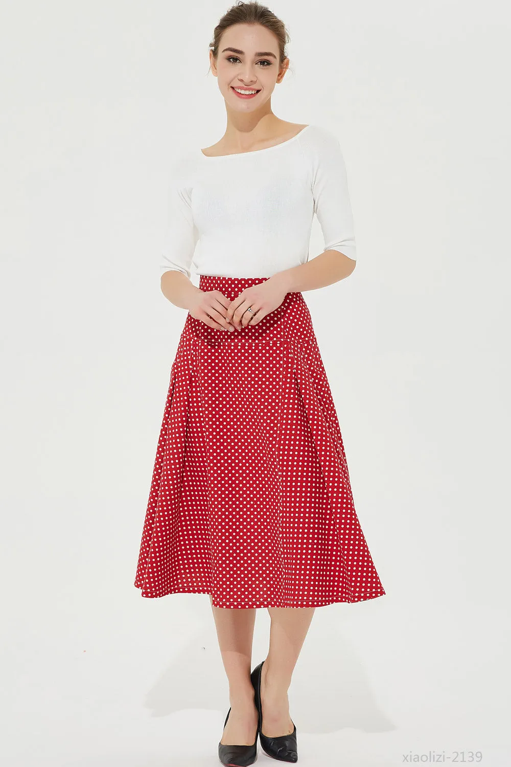 womens red polka dot skirt, summer linen skirt 2139