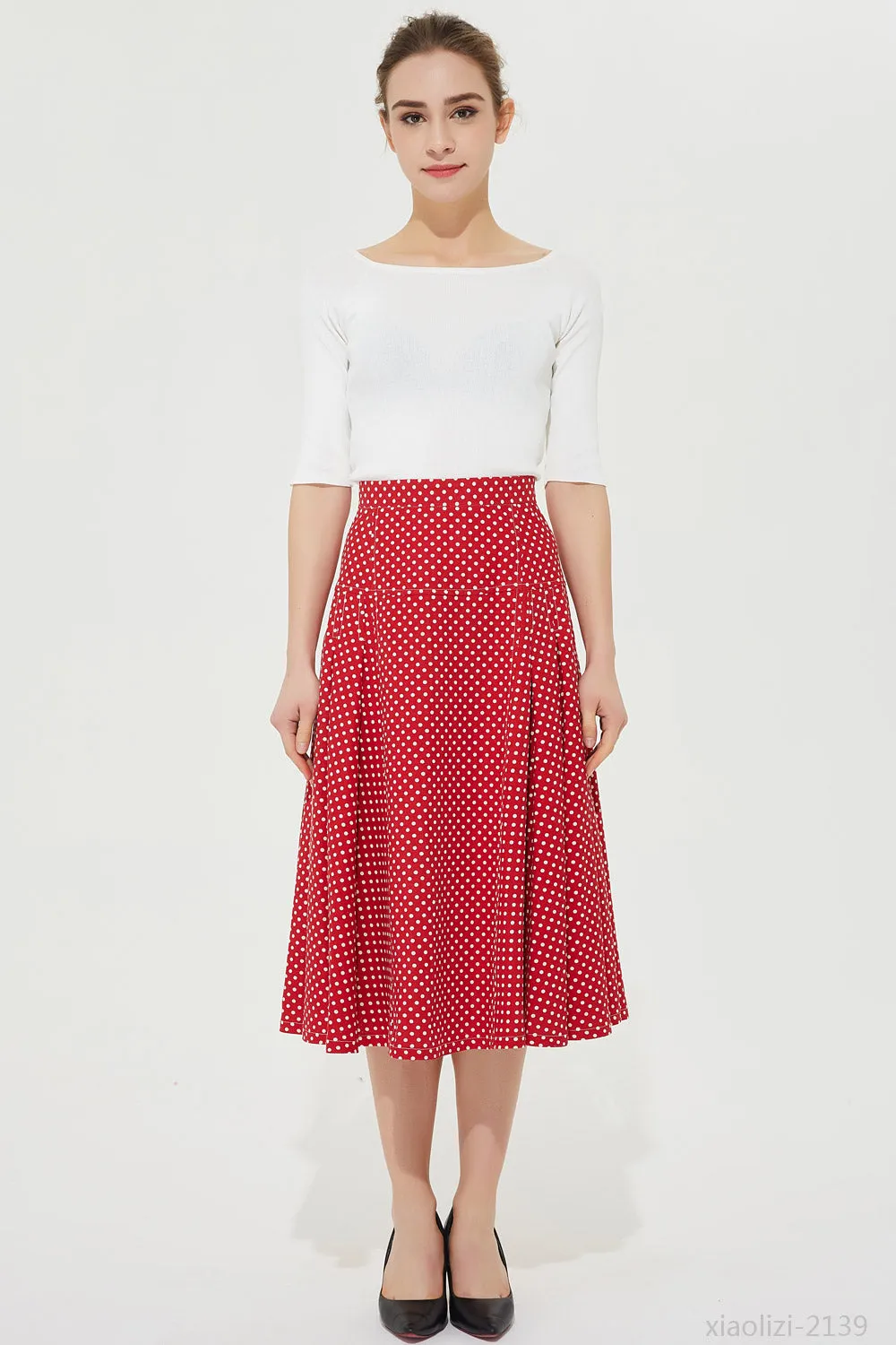 womens red polka dot skirt, summer linen skirt 2139