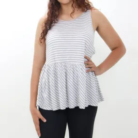 Women's Ruffled Striped Top,White/Grey