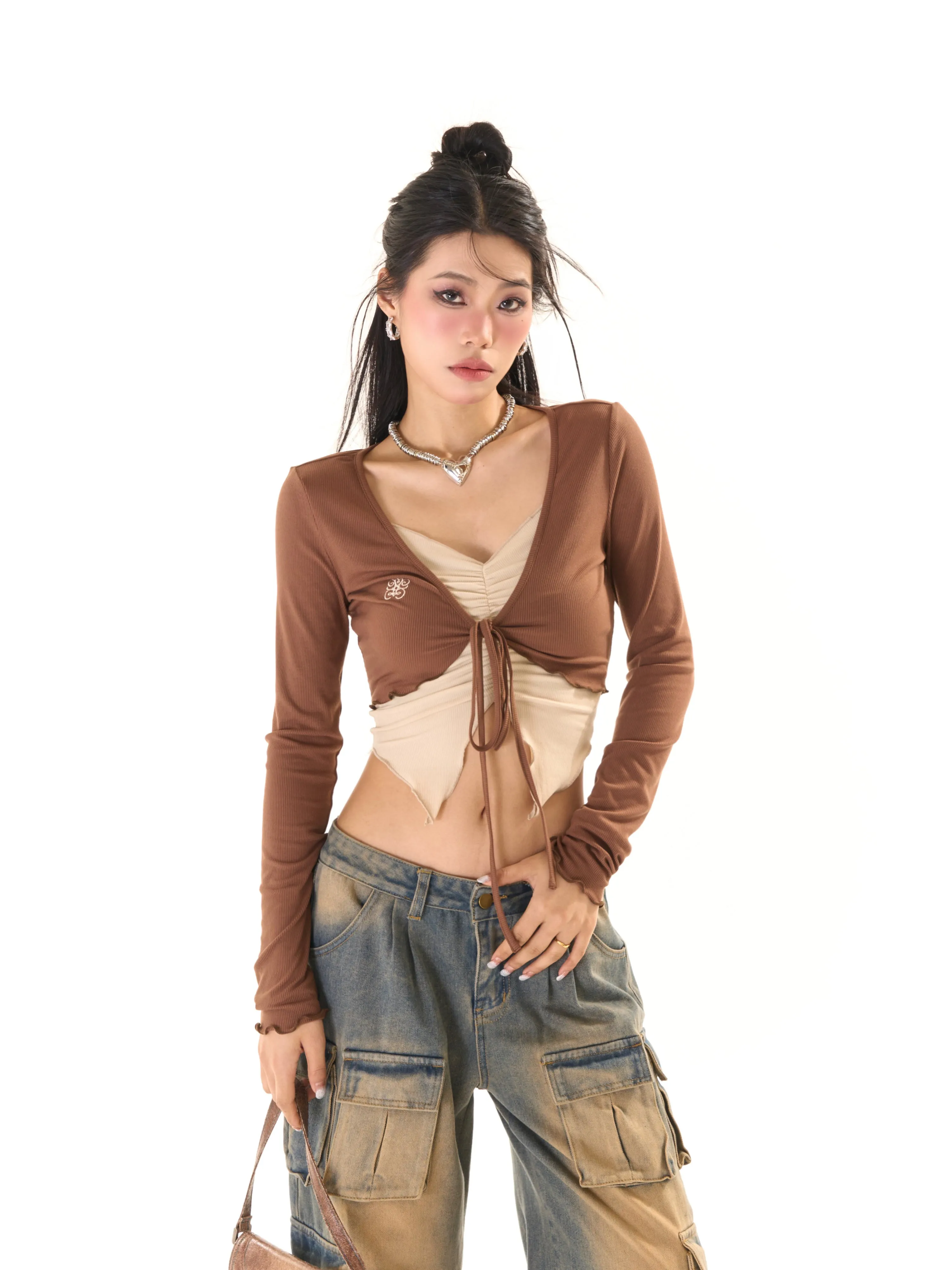 Zerocircle Suspender Cardigan Two-Piece Set Long Sleeve Top